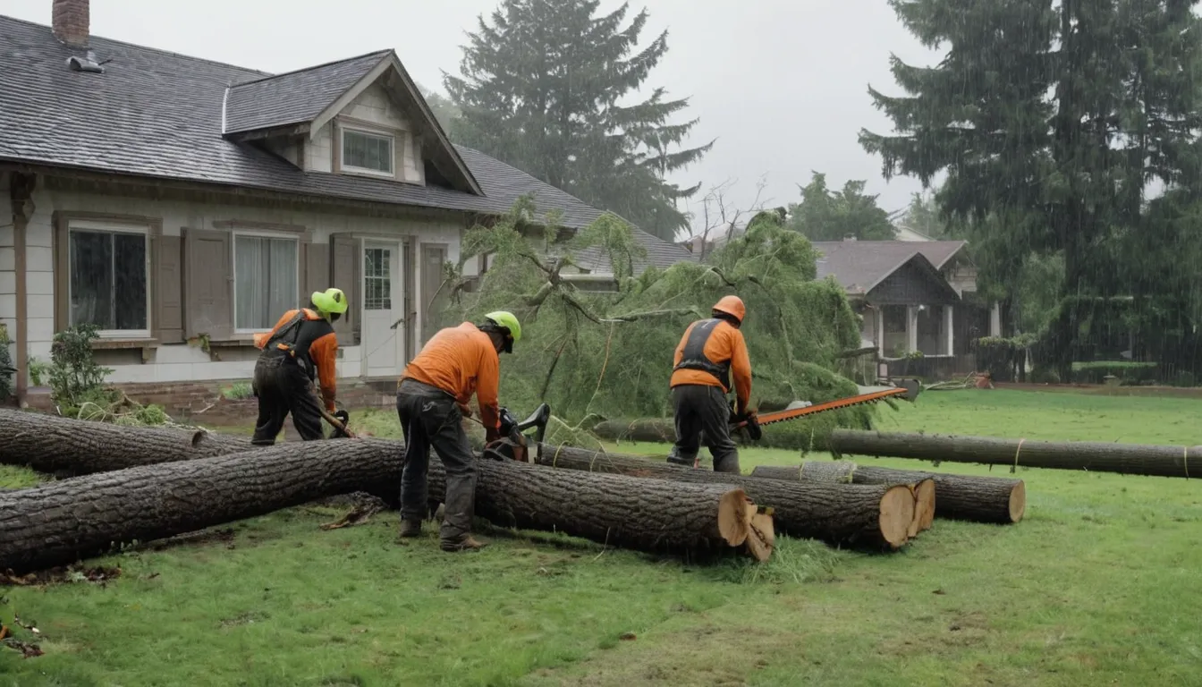 Provider crew clearing a storm-fallen tree from a wood-frame home's yard in Bellevue
